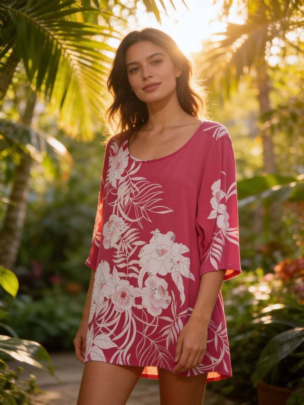 Dennis Basso Pink Tropical Floral Print Scoop Neck 3/4 Sleeve Tunic Top with Rhi
